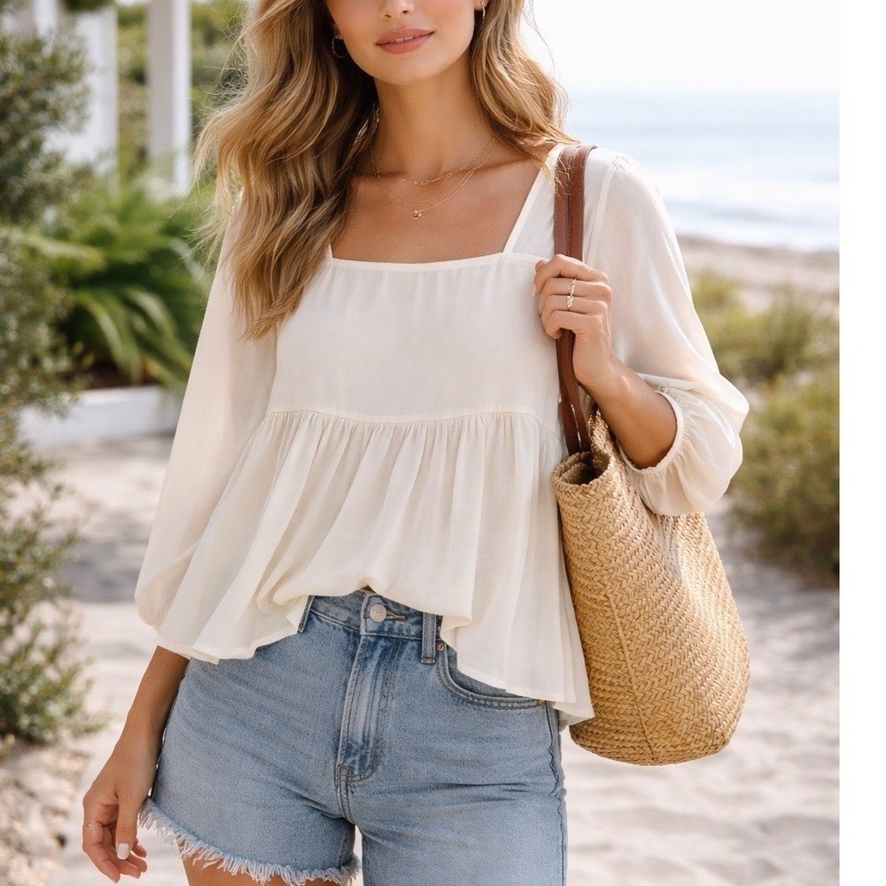 Dolan Left Coast Collection Babydoll Top Womens XS Ivory Square Neck Blouse Boho